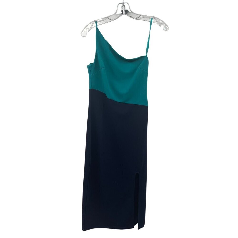 Crystal Sky One Shoulder Midi Sheath Dress Front Slit Teal/Navy Size Medium New